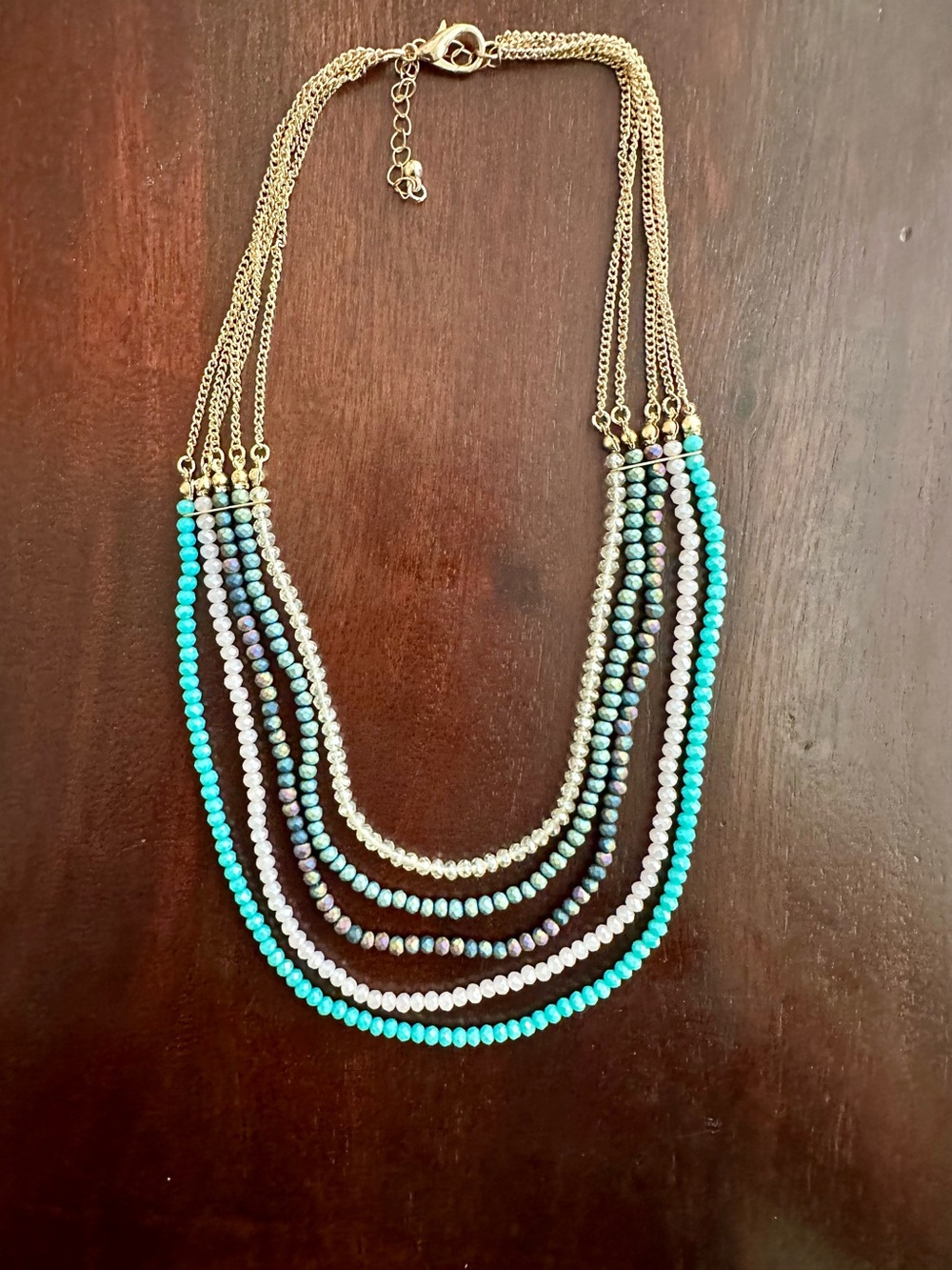 Five Strand Faceted Beaded Necklace Turquoise Blue Gold Tone Statement